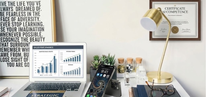 Desktop with a laptop computer, mobile phone and books